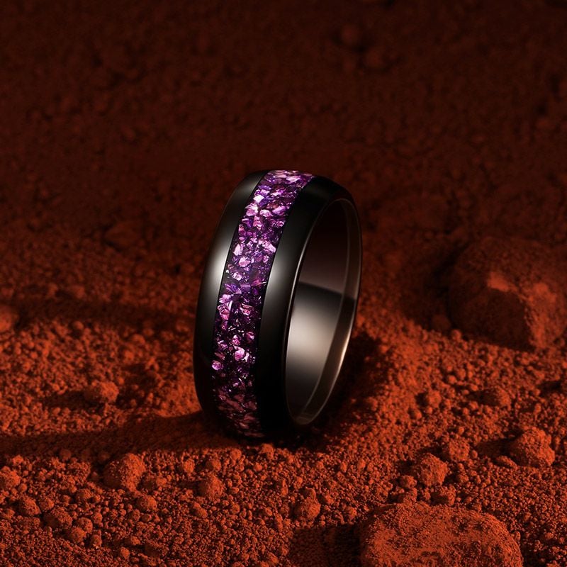 Black Tungsten Ring with Purple Stone for Men