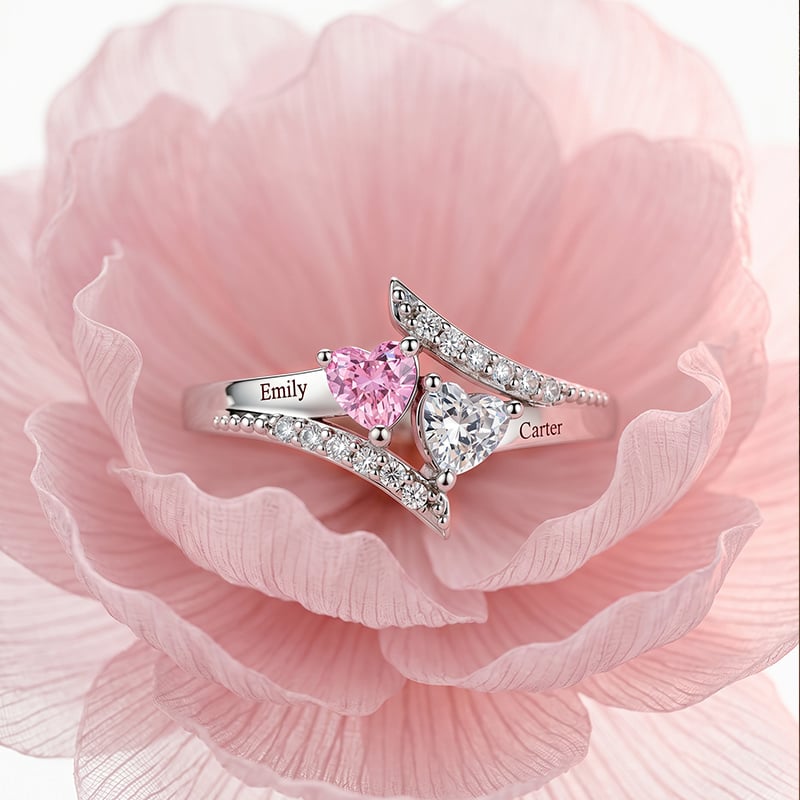 Custom Two Birthstones Engraved Promise Ring