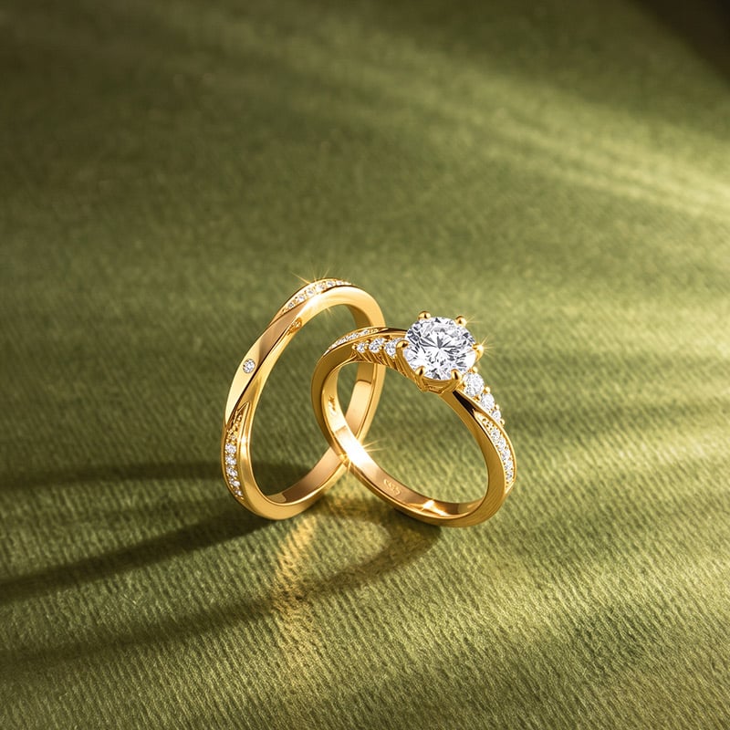 Gold Round Cut Engagement and Wedding Ring Set