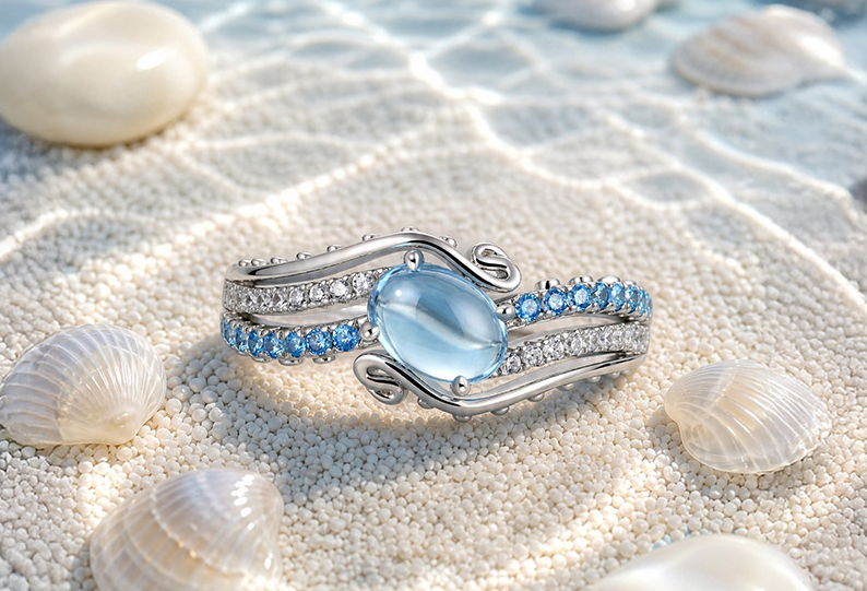 Ocean Wave Oval Blue Topaz Engagement Ring