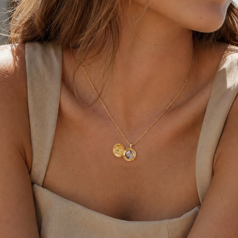 Custom Birthstone Rose Photo Locket Necklace