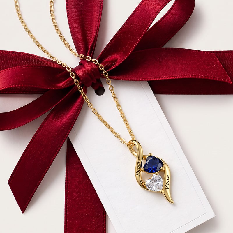 Custom Gold Engraved Double Heart Birthstone Necklace