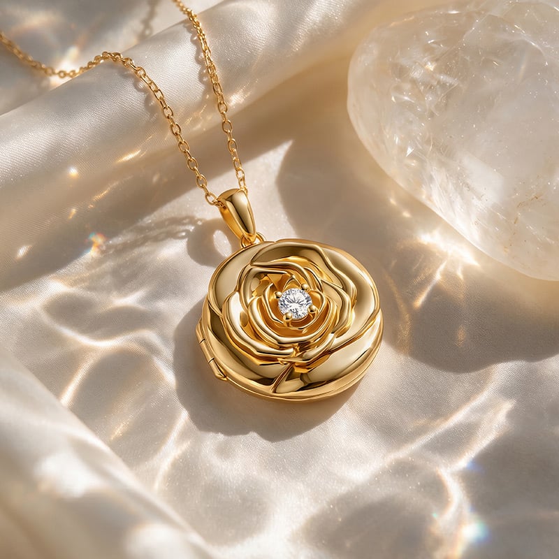 Custom Rose Photo Locket Necklace With Birthstone