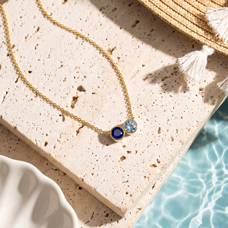 Gold Dainty Bezel Set Two Birthstone Necklace