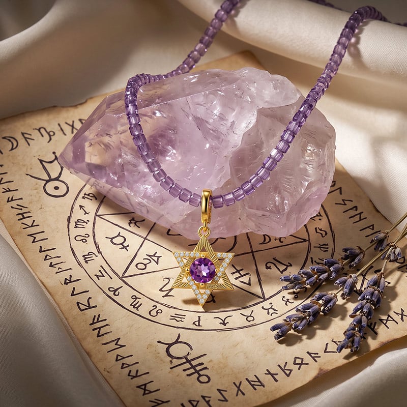 Amethyst Beaded Gold Star of David Necklace