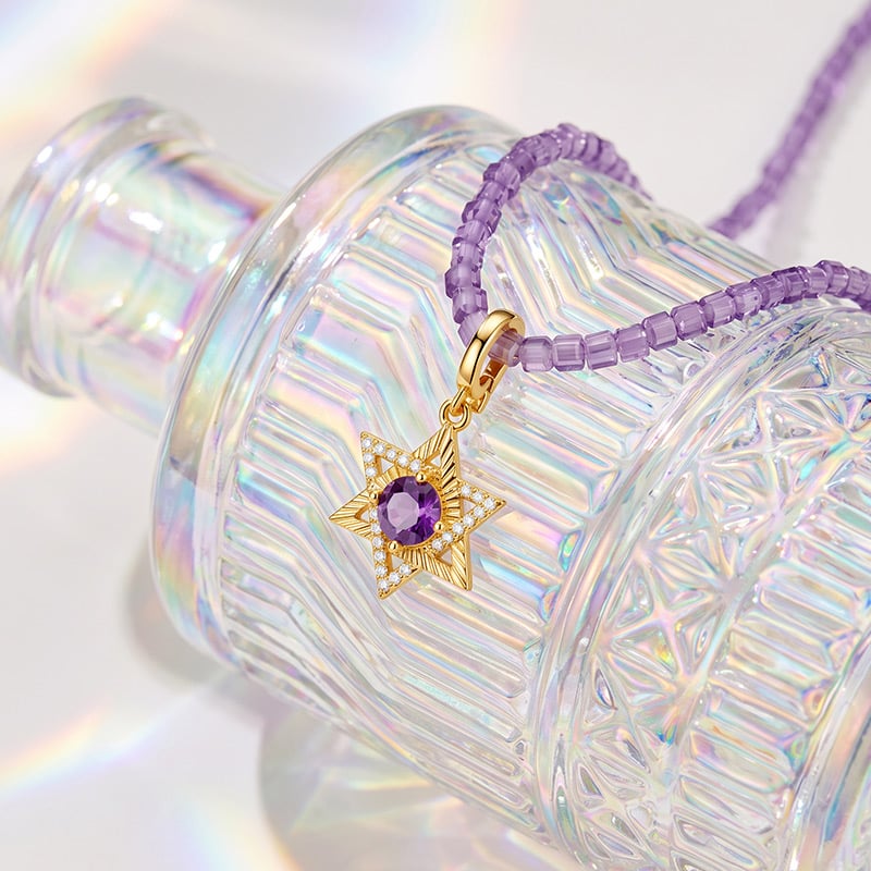 Beaded Gold Star of David Amethyst Necklace
