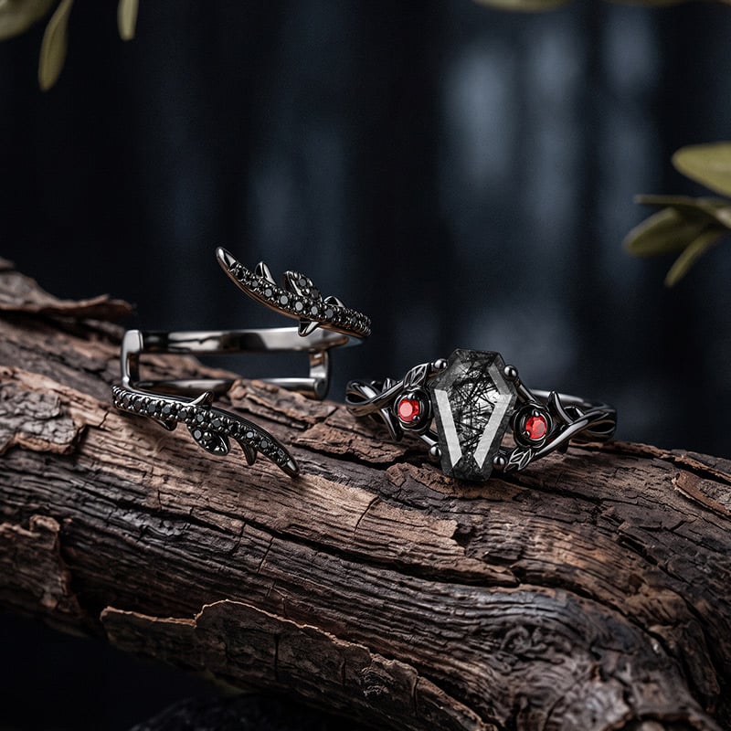 Coffin Black Rutilated Quartz Engagement Ring Set