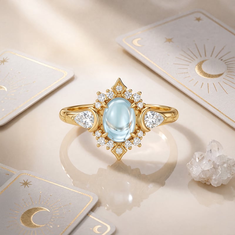 Gold Triple Moon Ring with Blue Topaz