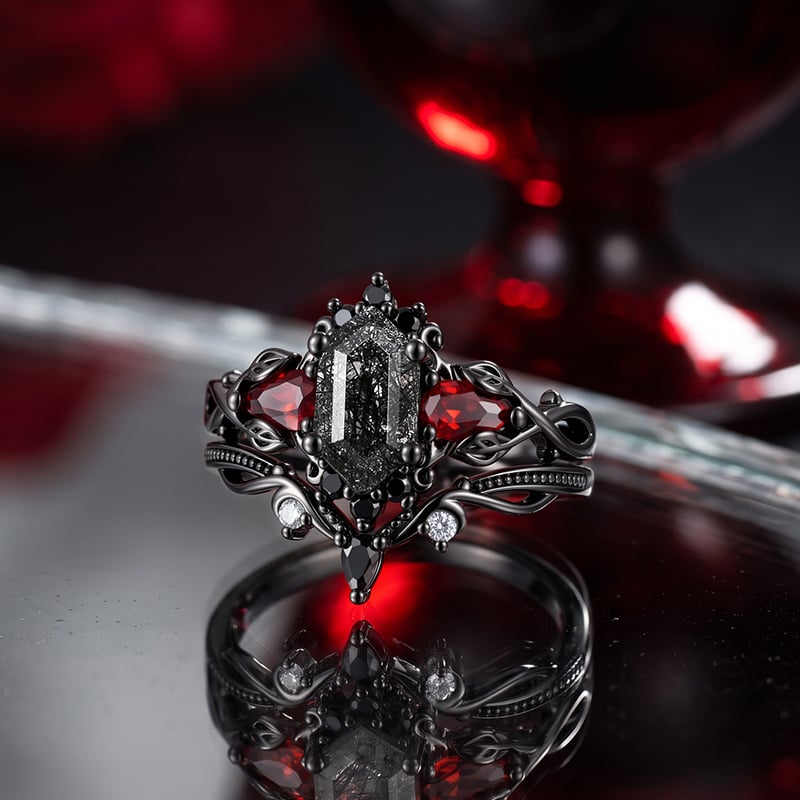 Hexagon Black Rutilated Quartz Ring Set